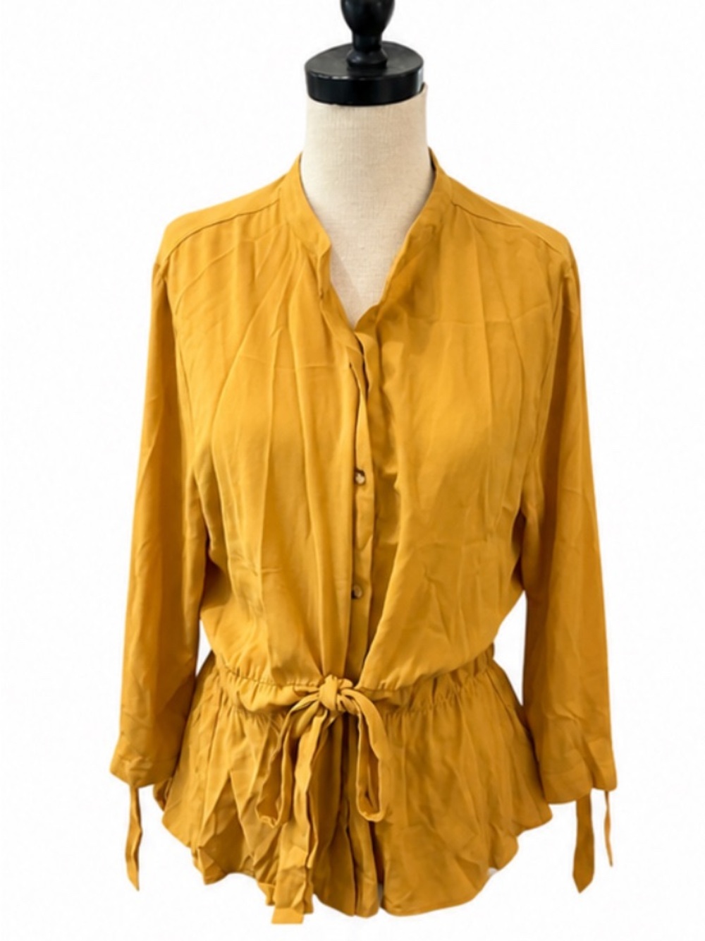 Sweet Rain Mustard Yellow Blouse Size XL NWT Tie Waist Peplum Long Sleeve Top
